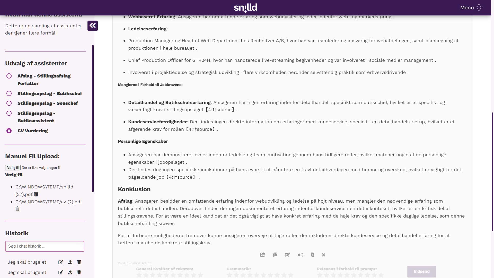 Her vurderer en special-instrueret assistent et CV i forhold til en stillingsannonce