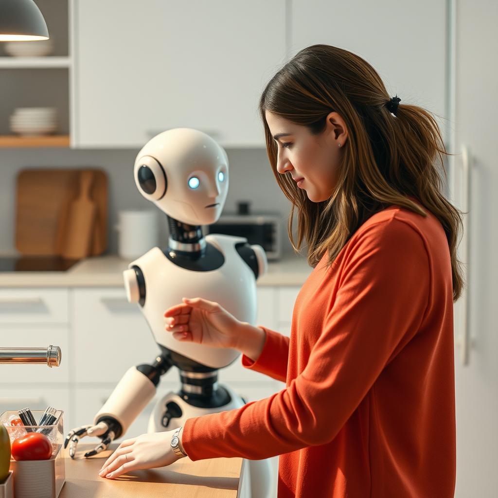 Til den første tredjedel af artiklen vil jeg tage et inspirerende billede af en humanoid robot, der interagerer med en menneskelig bruger i et moderne hjemmemiljø. Motivets centrale fokus vil være en kvinde, der hjælper robotten med at udføre en simpel husholdningsopgave som at sortere genstande i et køkken. Billedet skal tage udgangspunkt fra et lavt perspektiv, der fremhæver robotten i forgrunden og den menneskelige interaktion, hvilket skaber en dynamik mellem menneske og maskine. Det moderne hjemmemiljø vil være oplyst af blød naturligt lys, som giver en varm og indbydende atmosfære. For denne fotografering vil jeg anvende et Canon EOS R5-kamera med en RF 50mm f/1.2L linse, der gør det muligt at opnå en blød baggrundsunskarphed (bokeh) for at fokusere på interaktionen mellem personlighederne. Eksponeringsindstillingerne vil være ISO 200, f/2.8 og 1/125 sekunder for at sikre, at både robotten og den menneskelige bruger er skarpe og tydelige. Efterfølgende vil jeg benytte Adobe Lightroom til at finjustere farver og kontraster, så billedet afspejler en futuristisk, men også realistisk atmosfære, som understøtter artikelens fokus på menneske-robot samarbejde.